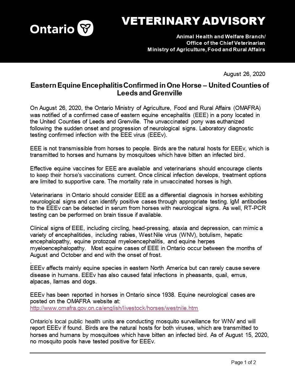 Disease Advisory from OMAFRA on Eastern Equine Encephalitis in