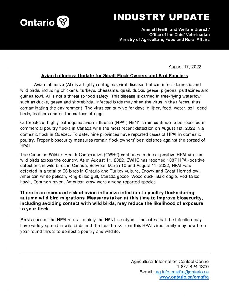 Avian Influenza Update for Small Flock Owners and Bird Fanciers Aug