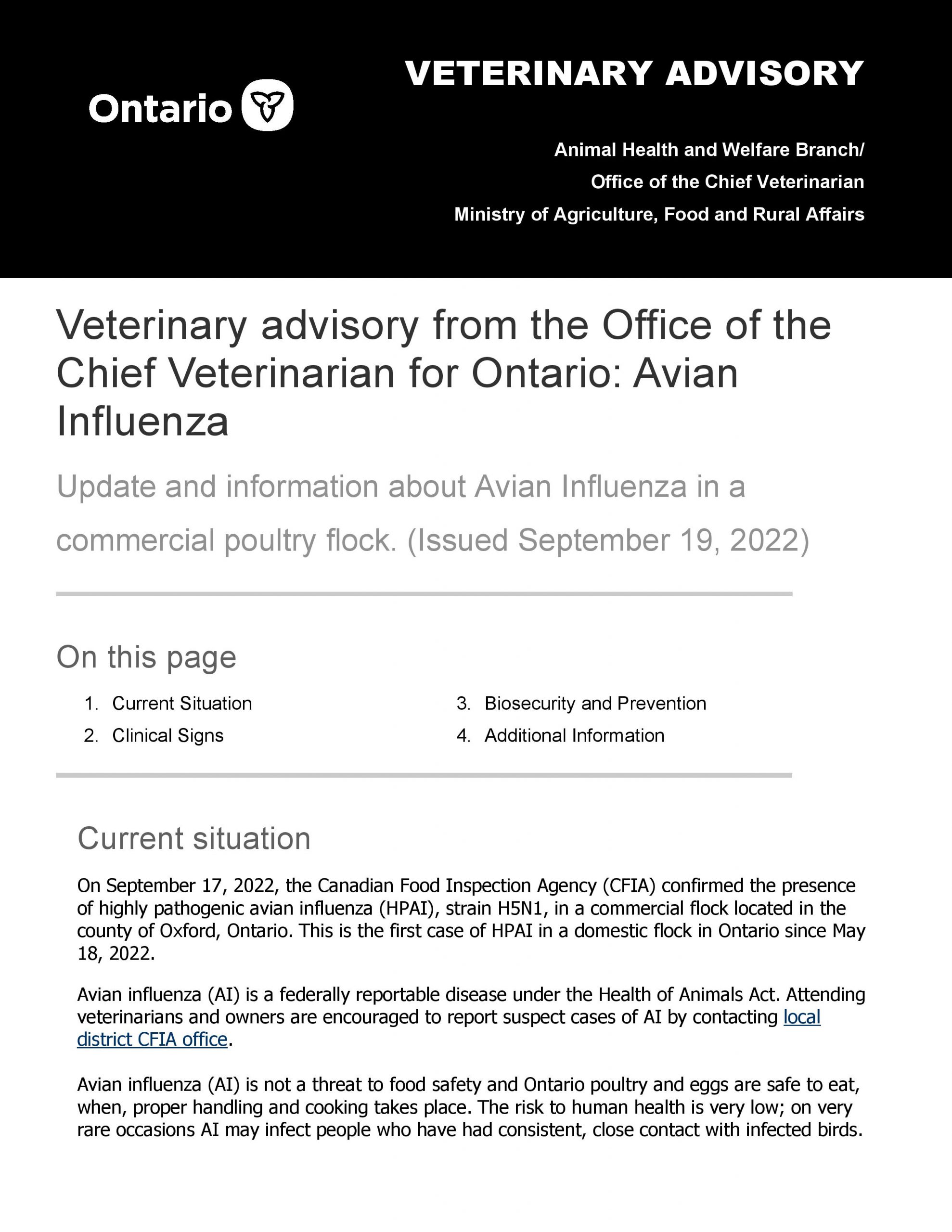 Veterinary advisory from the Office of the Chief Veterinarian for