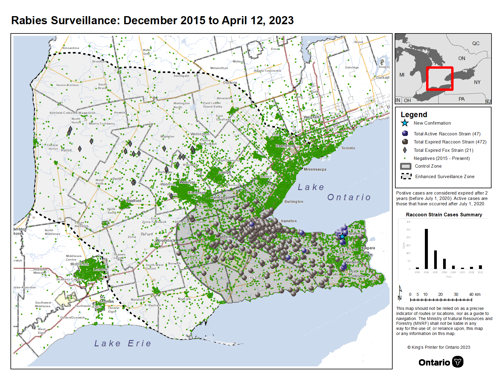 Rabies map of Ontario - updated April 12 2023