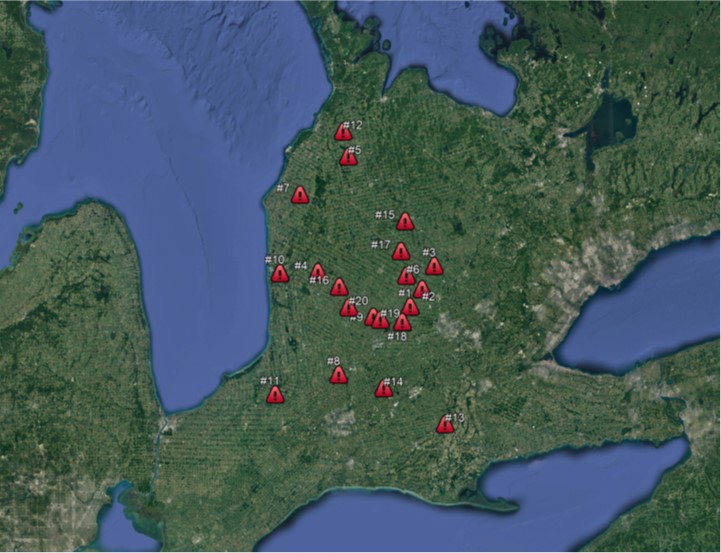 Distribution map of influenzaA in Ontario horses.